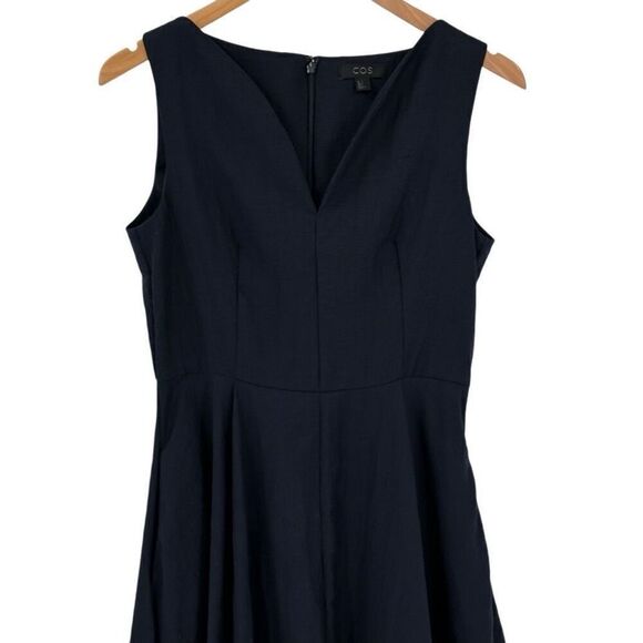 COS Lyocell Linen Sleeveless Fit & Flare Knee Length Dress Navy Blue Women 6 - Picture 2 of 8